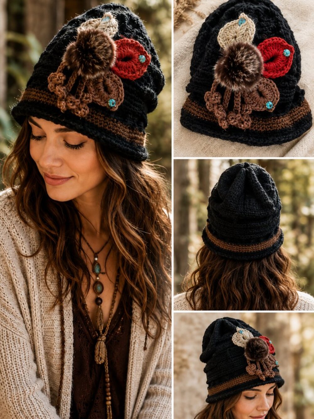 Handmade Boho Knit Beanie Hat Faux Fur Feather Embellished Artisan Wintercore